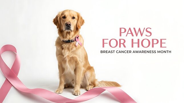 Golden Retriever Dog Wearing Pink Ribbon for Breast Cancer Awareness Month