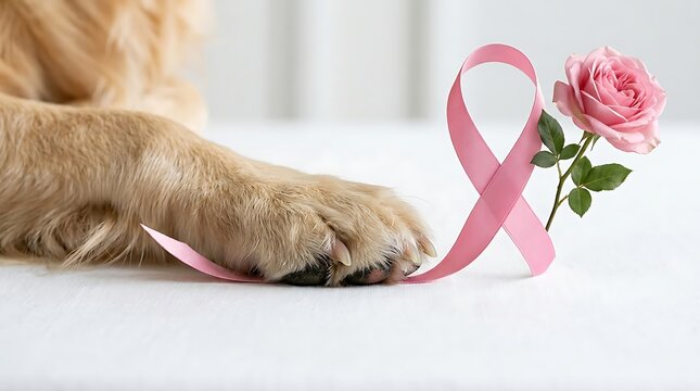 Dog Paw Holding Pink Ribbon With Rose Symbolizing Breast Cancer Awareness