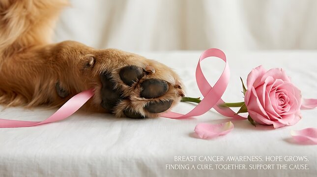 Golden Retriever Paw Holding Pink Ribbon Next To Rose For Breast Cancer Awareness