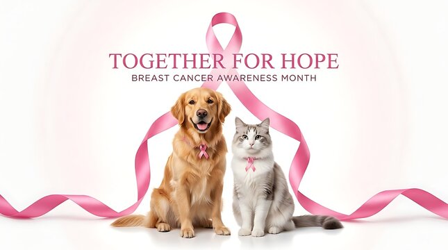 Golden Retriever and Cat Wearing Ribbons for Breast Cancer Awareness Month Support