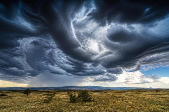 Sweeping shelf cloud rolling over open grassland plain