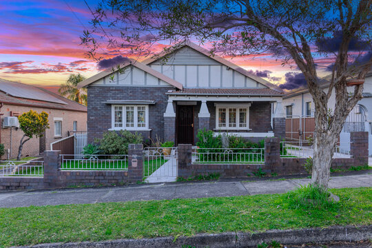 Suburban residential Brick house Terracotta Roof at Sunset in Sydney NSW Australia