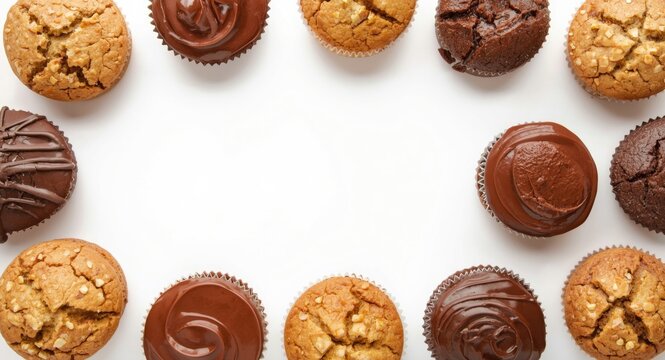 Assorted Muffins Arranged on a White Background with Negative Space