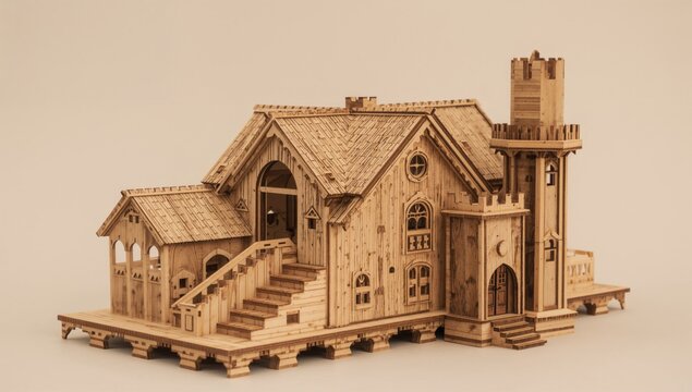 Wooden Model House with Detailed Architecture in a Minimal Background