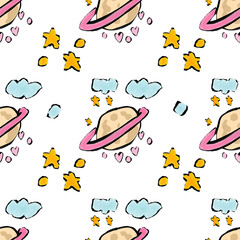 Cute Saturn with Pink Rings, Stars and Clouds Seamless Space Pattern on Black Background © Svitlana