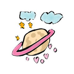 Cute Watercolor Saturn Planet with Pink Rings, Stars, Clouds and Hearts © Svitlana