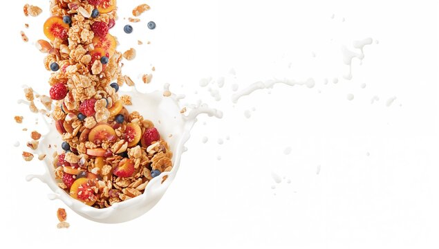 Granola and Fruit Falling into Milk Splash with Isolated White Background