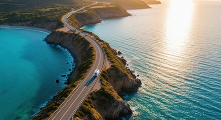 Fototapeta premium Winding Coastal Road with RV and Ocean View
