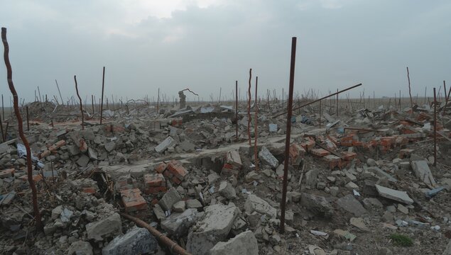 Abandoned Construction Site with Debris and Exposed Rebar Under Overcast Sky