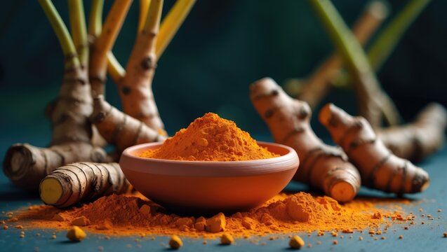 Bowl of Turmeric Powder with Fresh Roots on a Dark Surface