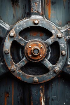 Rusted metal industrial machine wheel with bolts