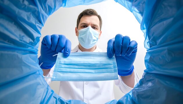 Man in blue gloves discarding a used face mask into a trash bin.