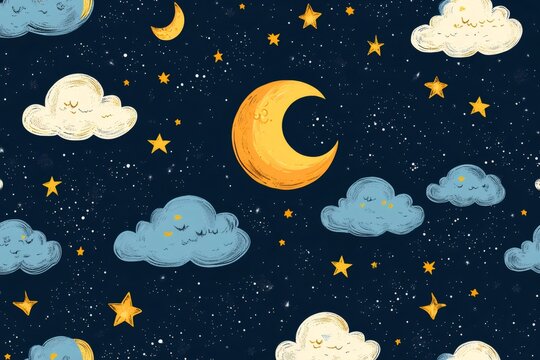 Night sky dreaming with stars, moons, and sleeping clouds pattern