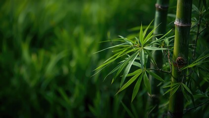 Obraz premium Bamboo Stalks with Lush Green Leaves in a Soft Focus Background