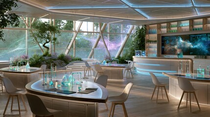 Fototapeta premium Modern lab space with glass walls and plants during the day featuring scientific equipment and seating areas