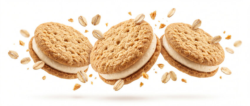 Oatmeal cookies with cream filling flying among oats and crumbs on a white background, featuring golden baked biscuits for sweet snack advertising, packaging, and menu design
