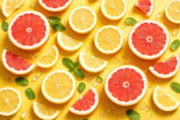 Fototapeta premium Fresh Citrus Slices of Grapefruit and Lemon on a Yellow Background with Mint Leaves