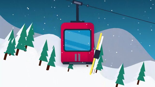 Flat vector illustration of a red ski lift gondola moving over snowy mountains with pine trees.