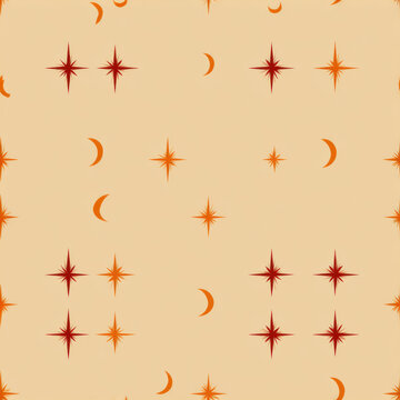 Abstract seamless pattern with crescent moon and star motif on beige background