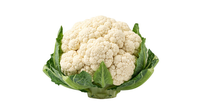 Fresh whole cauliflower with green leaves, raw organic white cauliflower head, healthy vegetable for cooking and nutrition isolated PNG with Transparent Background