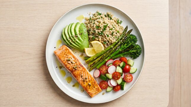 Grilled Salmon Grain Bowl with Sliced Avocado, Roasted Asparagus, Broccolini, and Salad