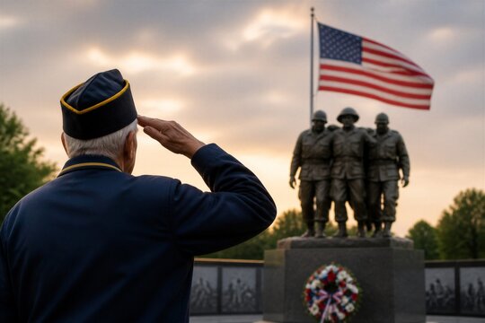 Veteran saluting at war memorial with flag backdrop