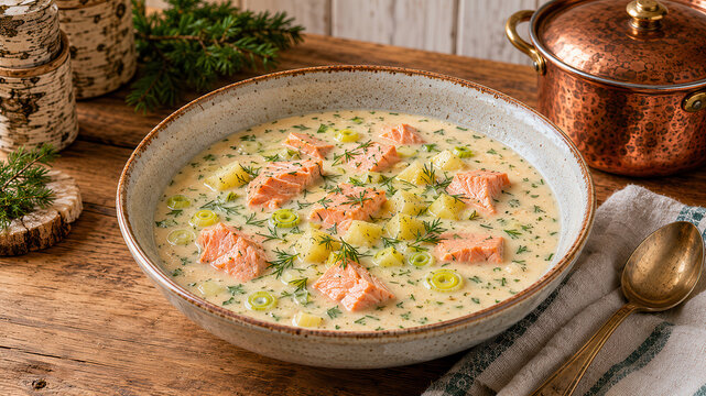 Zuppa finlandese cremosa con salmone, patate e aneto. Generative AI 