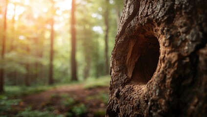 Fototapeta premium Closeup of a Tree Trunk with a Hollow in a Sunlit Forest at Sunset