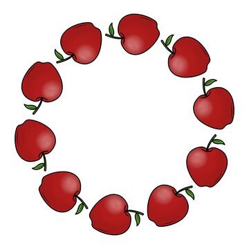A circular border made from ripe red apples with green leaves