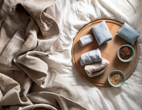 flat lay of cozy linen covered