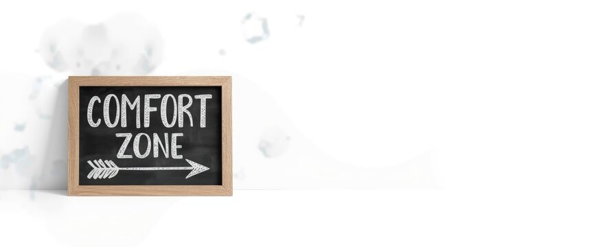 Chalkboard Sign Reading Comfort Zone with Arrow on White Background