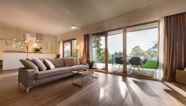 wide establishing shot of blurred living room