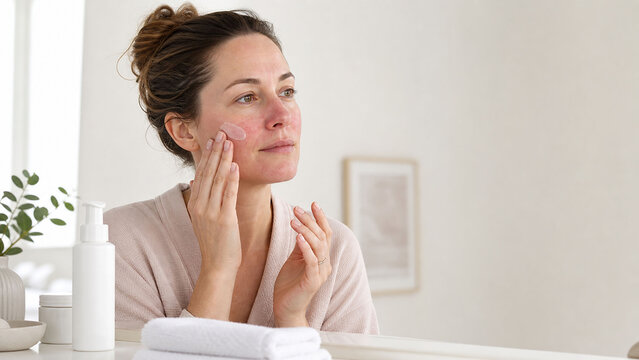 Woman applying cream to rosacea on her cheeks in a bright bathroom. Sensitive skin care, redness, and self-care routine