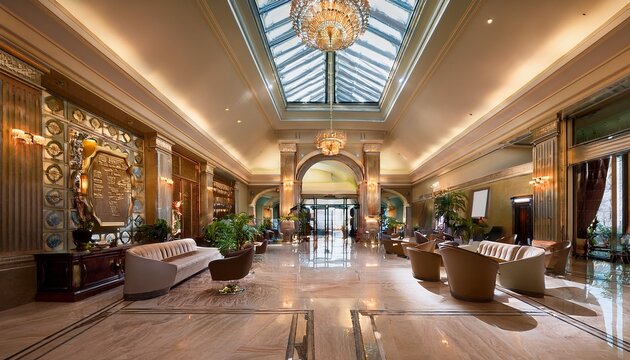 wide establishing shot of an elegant hotel lobby