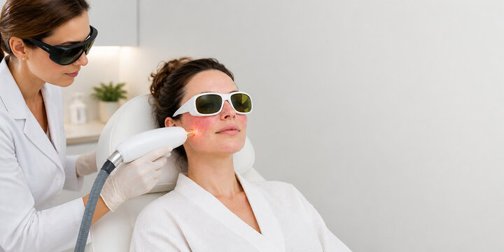 Dermatologist treating facial redness with laser therapy in a modern clinic. Rosacea, skin inflammation, and cosmetic care