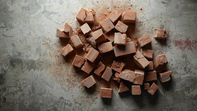 Crumbled Red Clay Blocks on a Textured Gray Surface