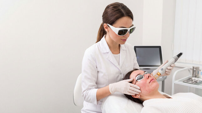Dermatologist treating facial redness with laser therapy in a modern clinic. Rosacea, skin inflammation, and cosmetic care
