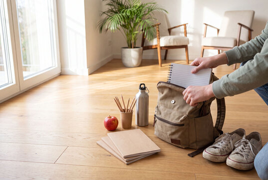 A cozy study scene featuring a backpack, notebooks, apple, and water bottle, perfect for students or home office inspiration. Back-to-school concept.