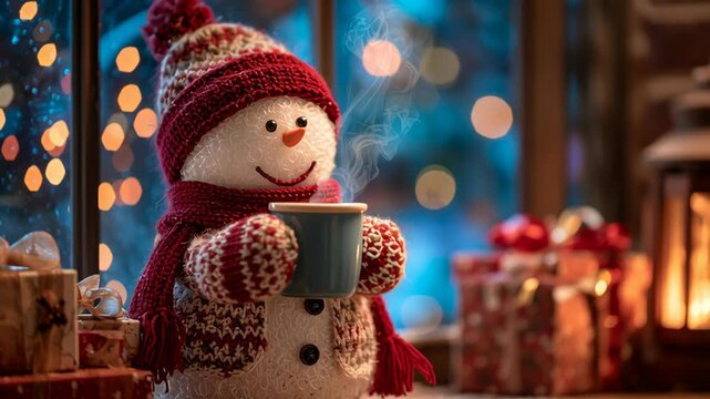 Smiling knitted snowman character wearing woolen scarf holds hot steaming drink on rustic windowsill. Festive winter holiday scene with bokeh lights for commercial presentation greeting card template.
