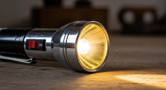 Silver metal flashlight emitting bright light on wood surface.