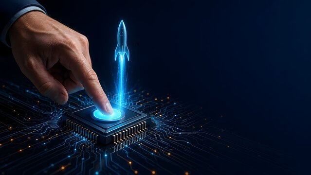 Business professional pressing digital processor button launching holographic rocket representing technology startup acceleration and system activation