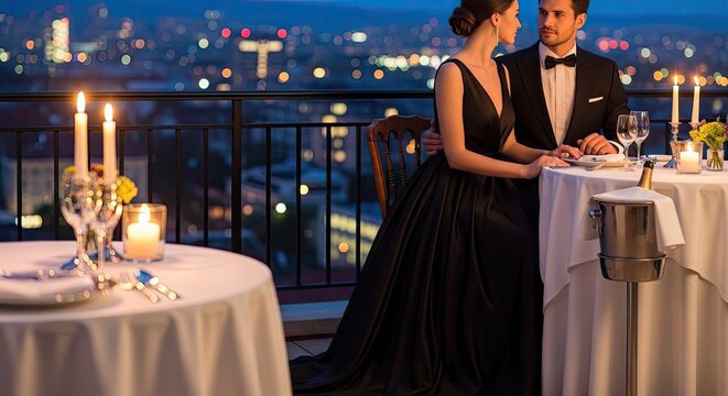 Elegant couple having romantic candlelit dinner overlooking city lights