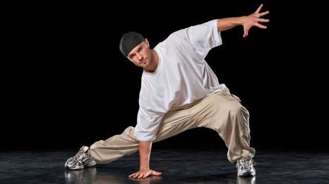 Male breakdancer performing hip hop movement on dark background