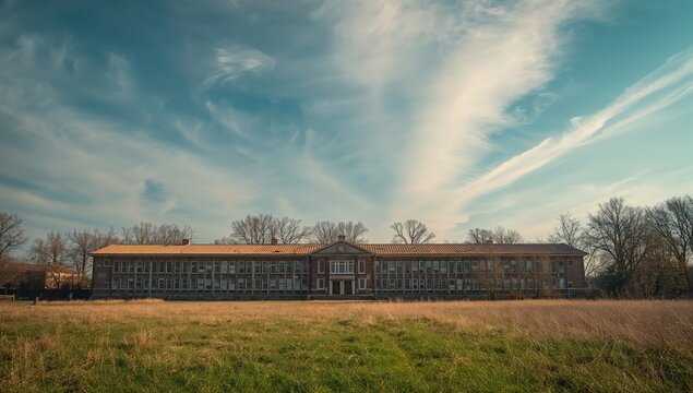 Abandoned School Building Surrounded by Tall Grass Under a Blue Sky