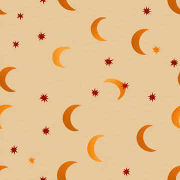 Minimalist crescent moon and star pattern on beige background, seamless winter wallpaper with orange and red celestial motif
