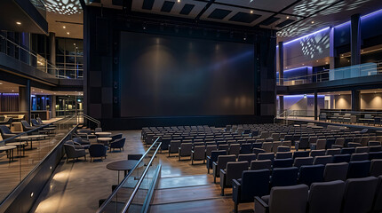 Naklejka premium A spacious, modern auditorium with rows of empty seats facing a large stage and screen, featuring multiple levels and contemporary design.