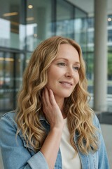 Fototapeta premium Warm blonde long beach waves hair portrait of Scandinavian woman mid