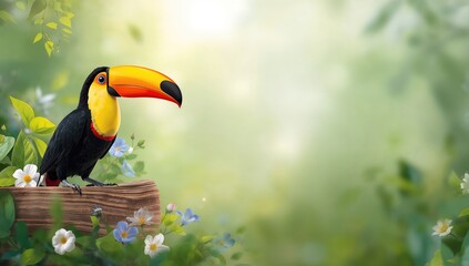 Obraz premium Toucan Sitting on a Log Surrounded by Colorful Flowers in a Lush Green Background