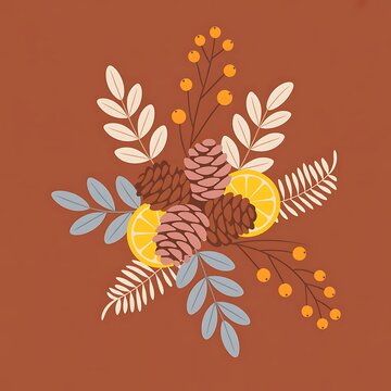Pinecones and citrus slices create an autumn arrangement on a solid background for seasonal decor.