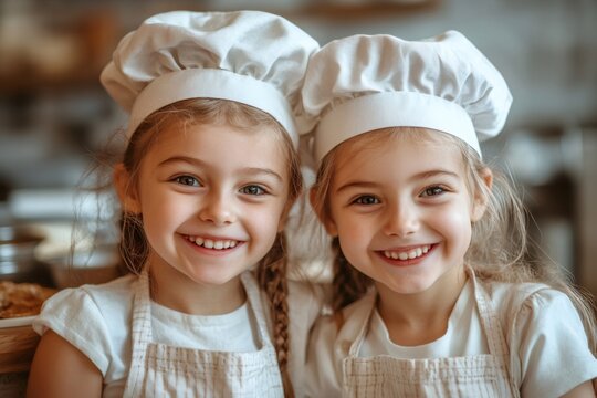 Happy twin girls smiling wearing chef hats and aprons